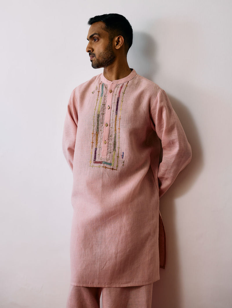 Keta Hand-Embroidered Linen Kurta Set-Pink linen kurta/kurta set by Manan Men in pink for men in Singapore