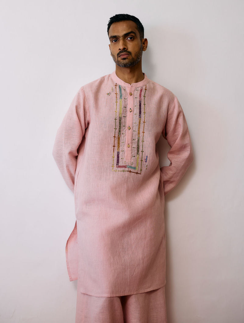 Keta Hand-Embroidered Linen Kurta Set-Pink linen kurta/kurta set by Manan Men in pink for men in Singapore