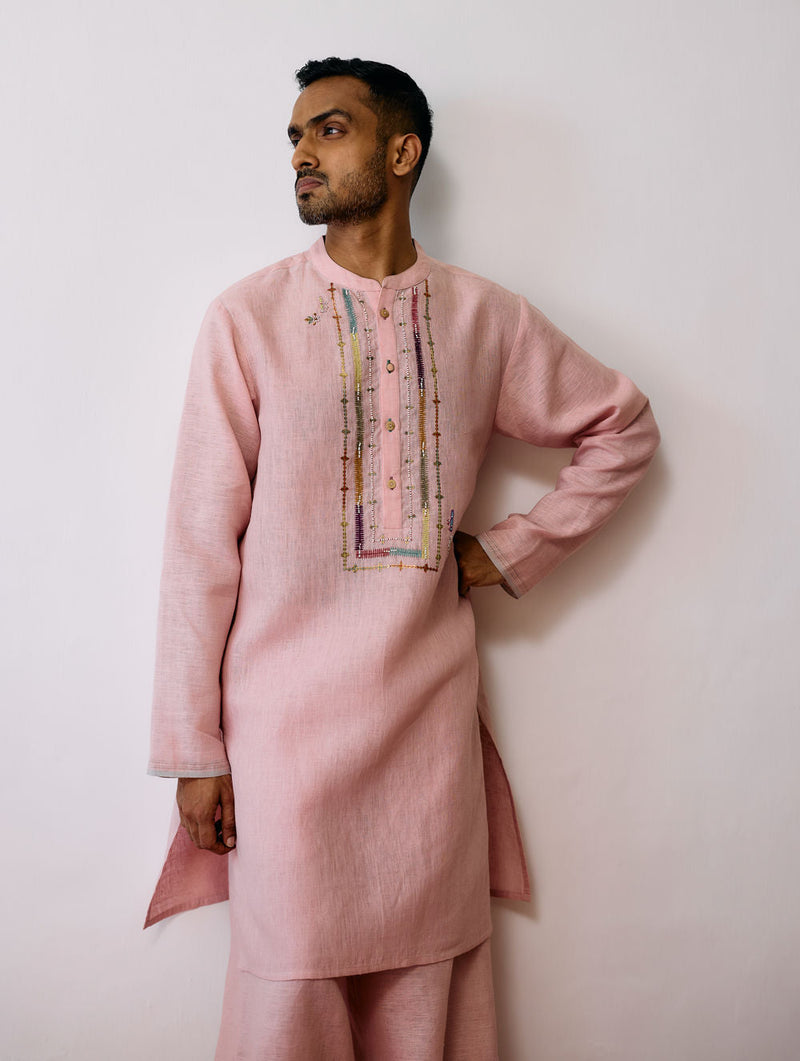 Keta Hand-Embroidered Linen Kurta-Pink linen kurta/kurta set by Manan Men in pink for men in Singapore