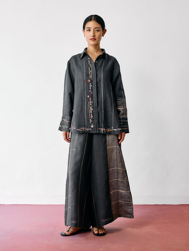 Hanat Hand-Embroidered Bird Co-ord-Charcoal linen co-ord set by Manan in black for women in Singapore