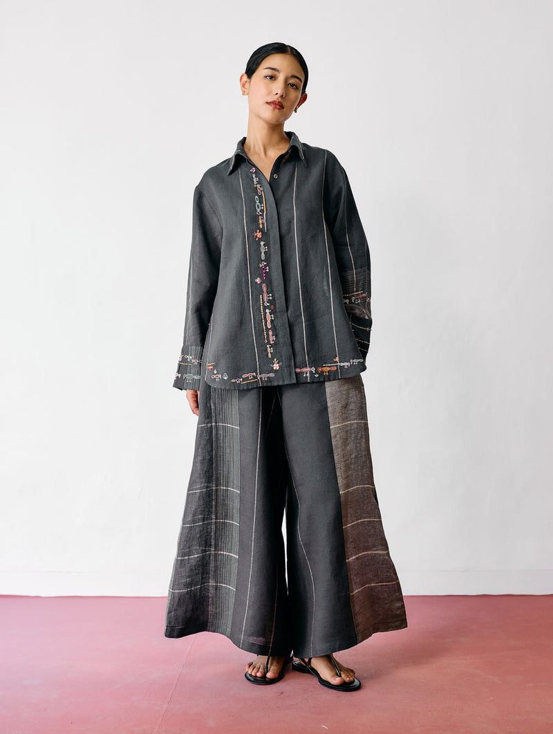 Hanat Hand-Embroidered Bird Shirt-Charcoal linen top/shirt by Manan in black for women in Singapore