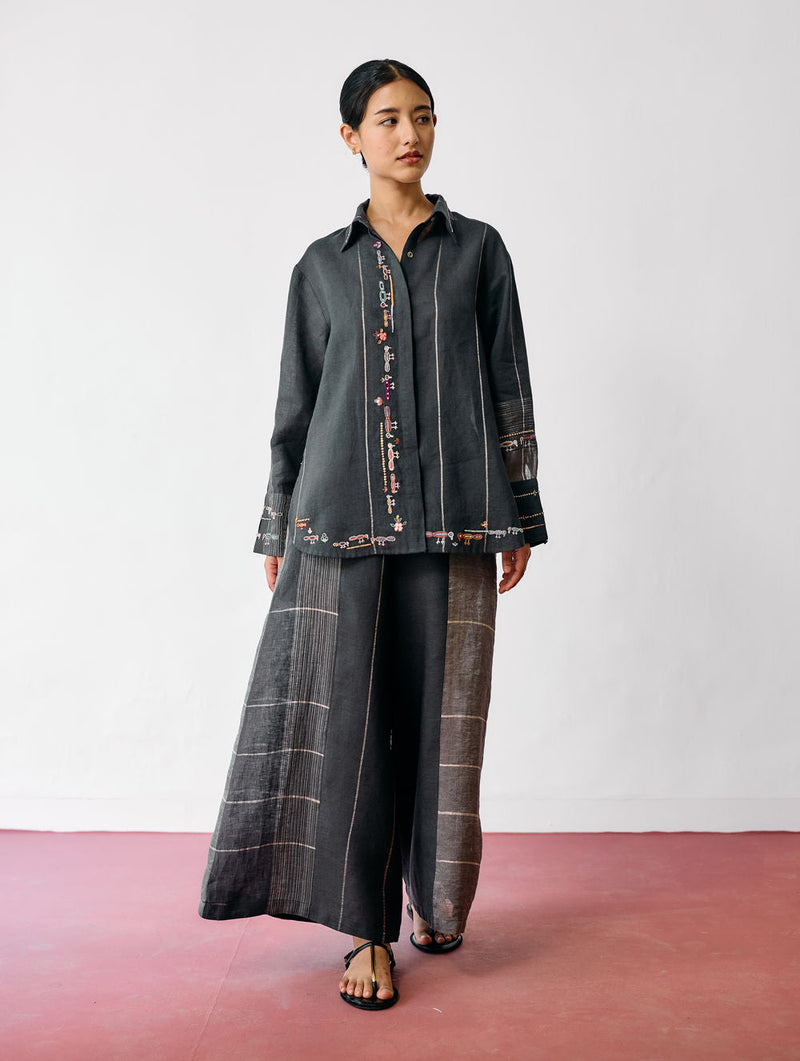 Hanat Hand-Embroidered Bird Co-ord-Charcoal linen co-ord set by Manan in black for women in Singapore