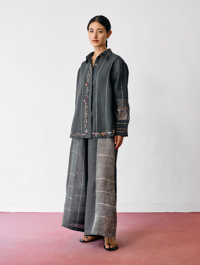 Hanat Hand-Embroidered Bird Co-ord-Charcoal linen co-ord set by Manan in black for women in Singapore