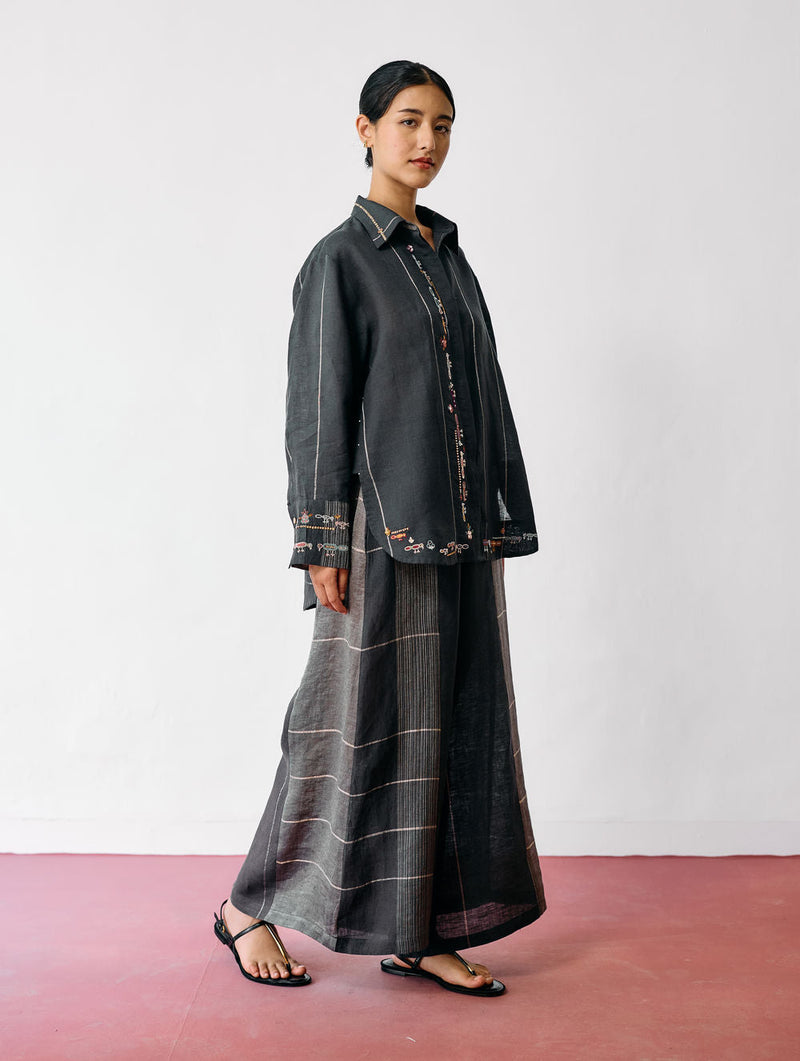 Hanat Hand-Embroidered Bird Co-ord-Charcoal linen co-ord set by Manan in black for women in Singapore