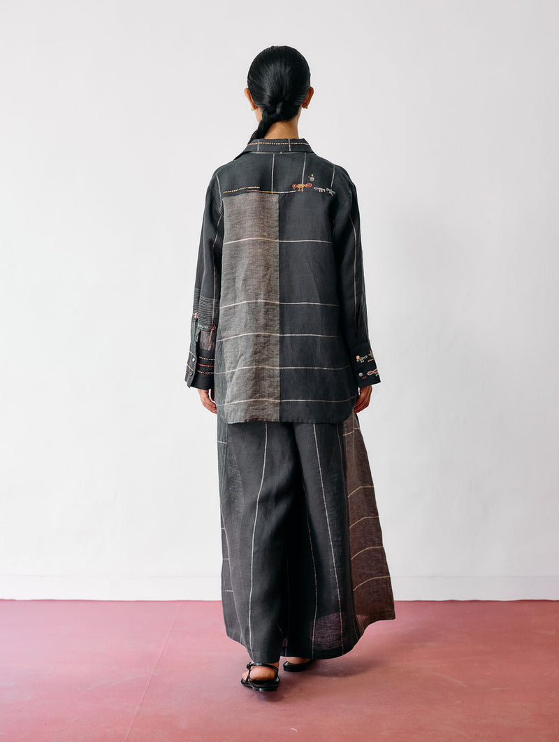 Hanat Hand-Embroidered Bird Co-ord-Charcoal linen co-ord set by Manan in black for women in Singapore