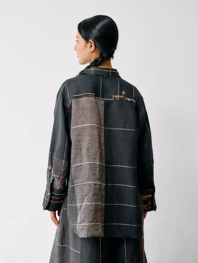 Hanat Hand-Embroidered Bird Co-ord-Charcoal linen co-ord set by Manan in black for women in Singapore