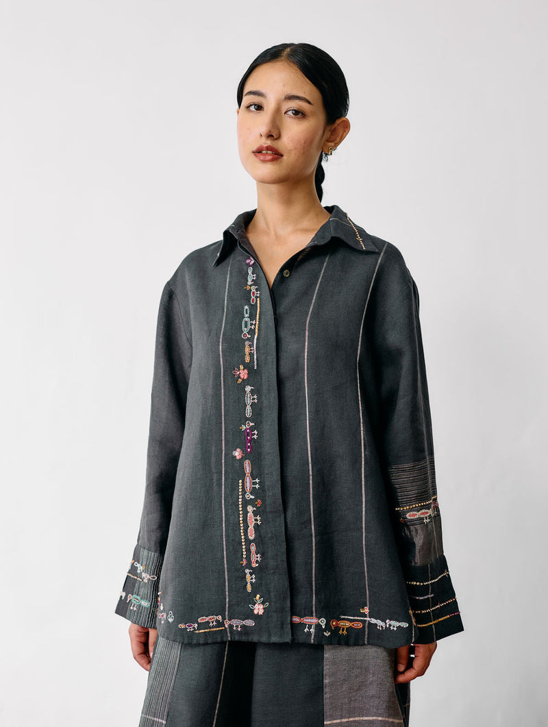 Hanat Hand-Embroidered Bird Shirt-Charcoal linen top/shirt by Manan in black for women in Singapore