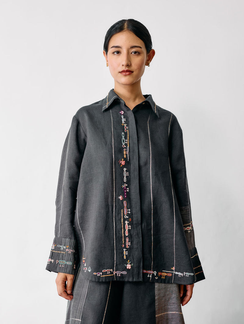Hanat Hand-Embroidered Bird Co-ord-Charcoal linen co-ord set by Manan in black for women in Singapore