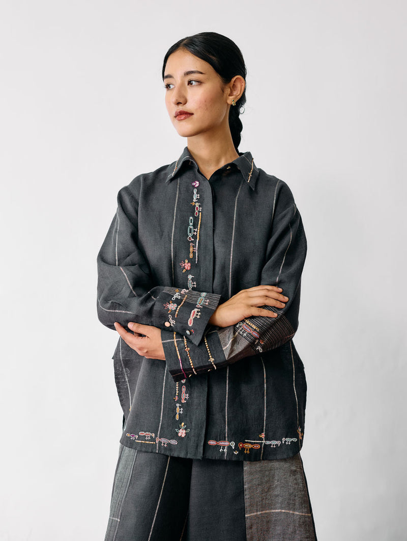 Hanat Hand-Embroidered Bird Shirt-Charcoal linen top/shirt by Manan in black for women in Singapore