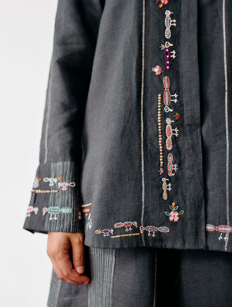 Hanat Hand-Embroidered Bird Shirt-Charcoal linen top/shirt by Manan in black for women in Singapore