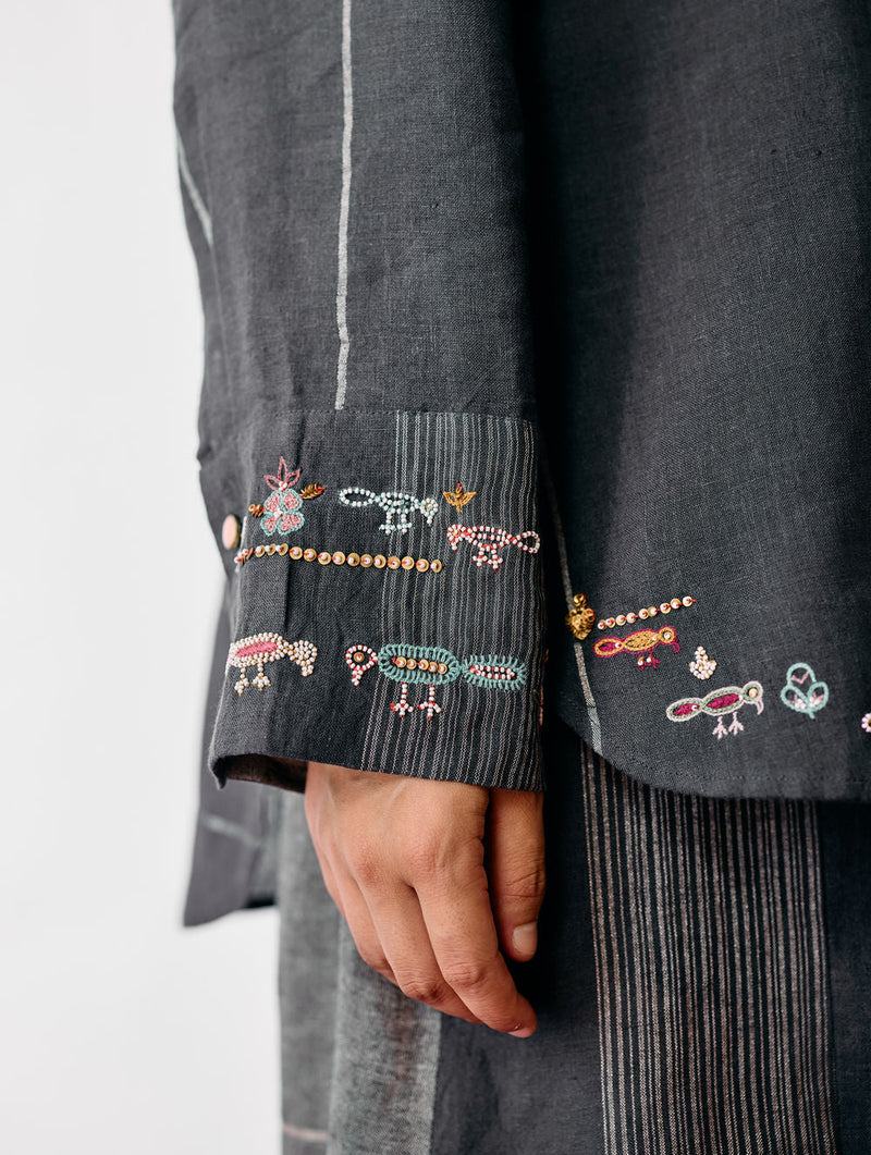 Hanat Hand-Embroidered Bird Shirt-Charcoal linen top/shirt by Manan in black for women in Singapore