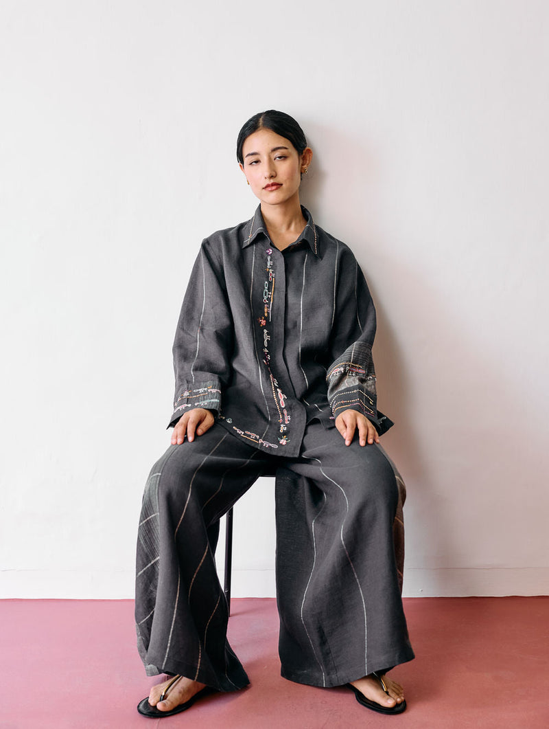 Hanat Hand-Embroidered Bird Co-ord-Charcoal linen co-ord set by Manan in black for women in Singapore