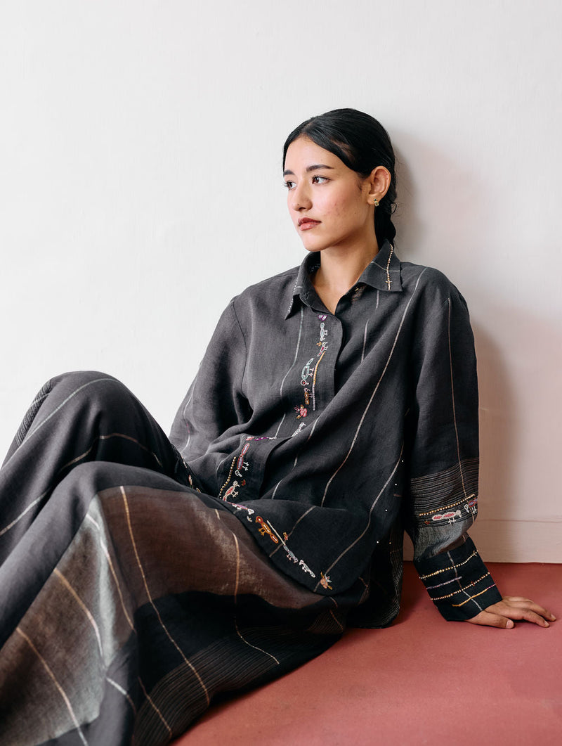 Hanat Hand-Embroidered Bird Co-ord-Charcoal linen co-ord set by Manan in black for women in Singapore