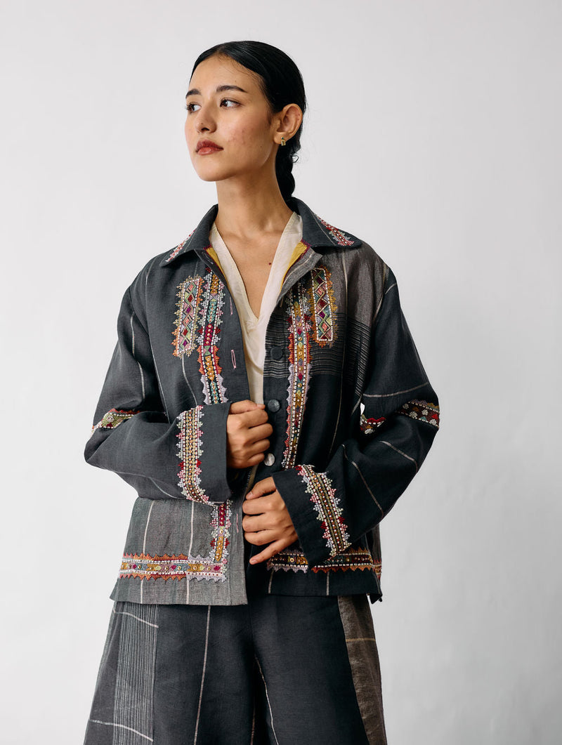 Zuri Hand-Embroidered Metallic Jacket-Charcoal linen jacket/overlay by Manan in black for women in Singapore