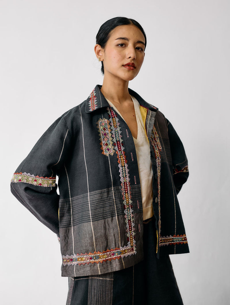 Zuri Hand-Embroidered Metallic Jacket-Charcoal linen jacket/overlay by Manan in black for women in Singapore