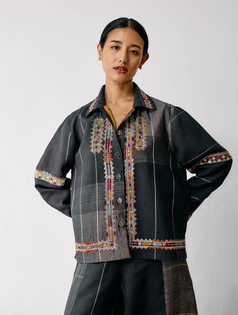 Zuri Hand-Embroidered Metallic Jacket-Charcoal linen jacket/overlay by Manan in black for women in Singapore