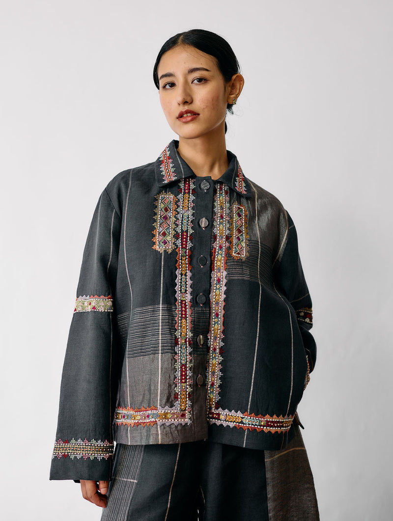 Zuri Hand-Embroidered Metallic Jacket-Charcoal linen jacket/overlay by Manan in black for women in Singapore