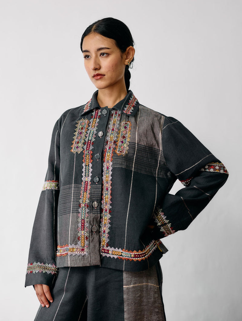 Zuri Hand-Embroidered Metallic Jacket-Charcoal linen jacket/overlay by Manan in black for women in Singapore