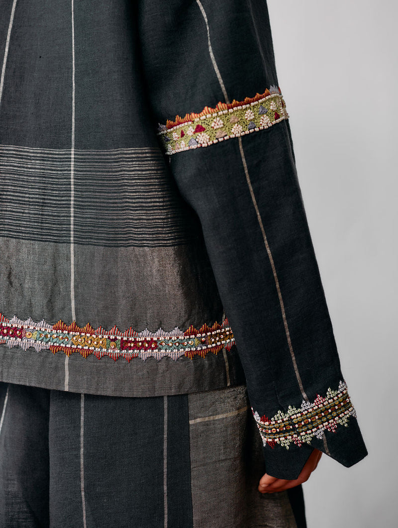 Zuri Hand-Embroidered Metallic Jacket-Charcoal linen jacket/overlay by Manan in black for women in Singapore