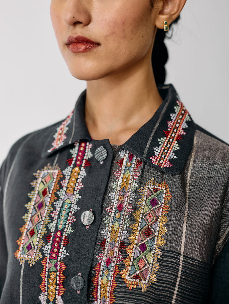 Zuri Hand-Embroidered Metallic Jacket-Charcoal linen jacket/overlay by Manan in black for women in Singapore