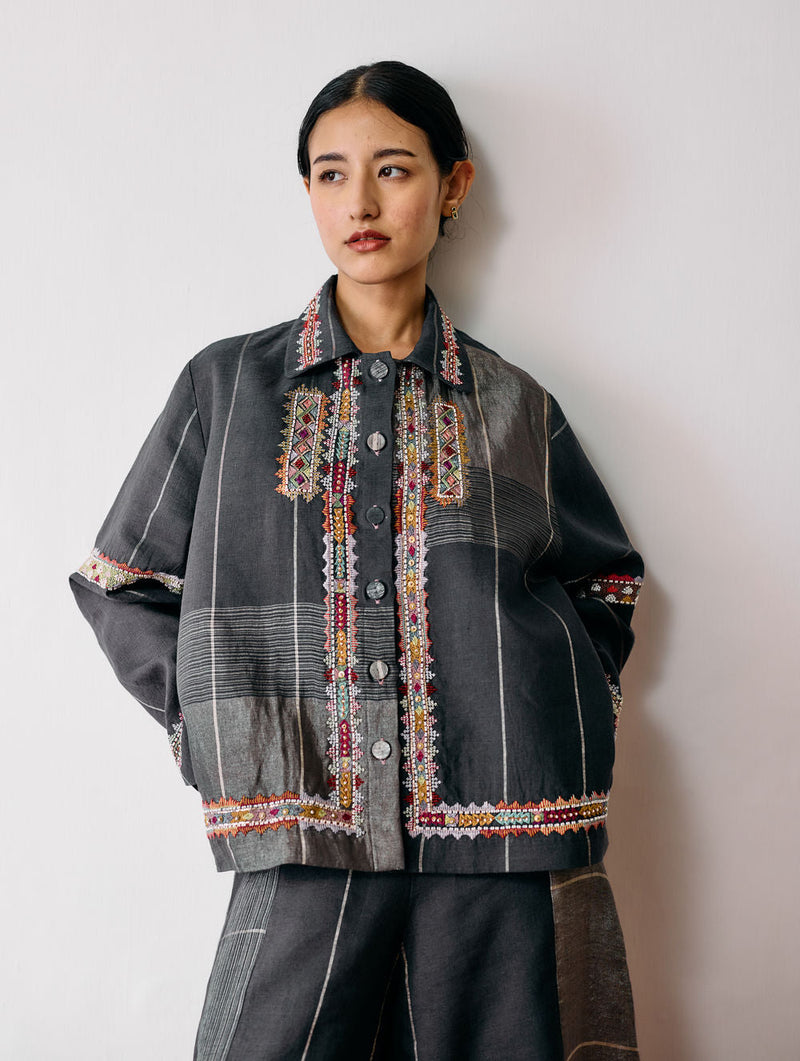 Dana Pintuck & Pleat Sleeveless Co-ord-Charcoal linen co-ord set by Manan in black for women in Singapore