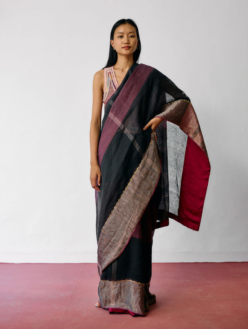 Afra Metallic Handloom Linen Saree-Metallic Charcoal linen saree by Manan in black for women in Singapore