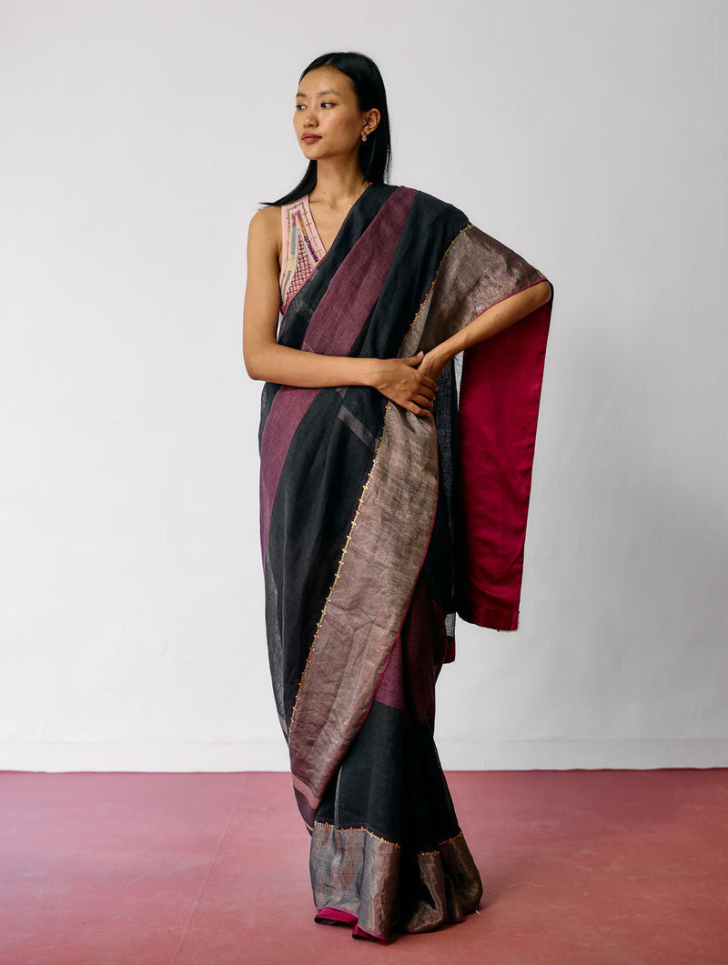 Afra Metallic Handloom Linen Saree-Metallic Charcoal linen saree by Manan in black for women in Singapore
