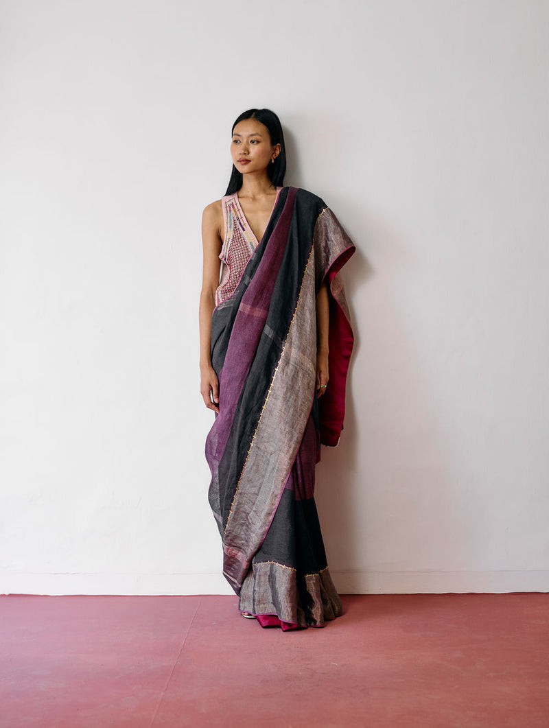 Afra Metallic Handloom Linen Saree-Metallic Charcoal linen saree by Manan in black for women in Singapore