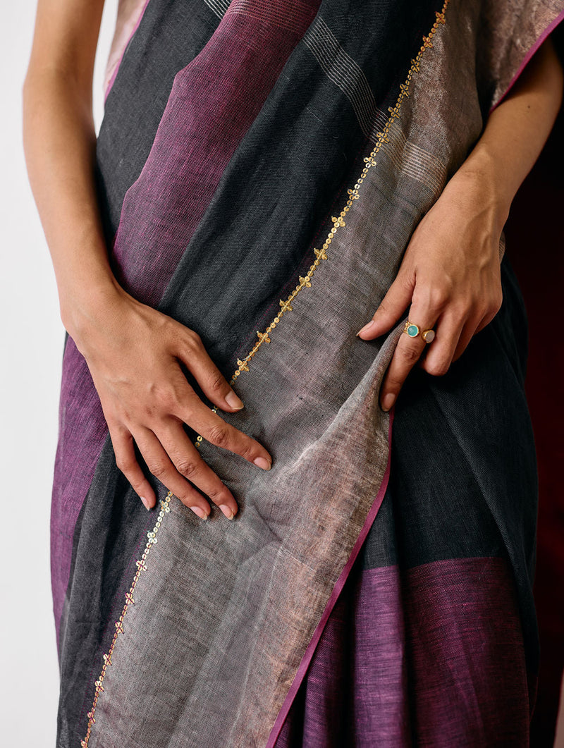 Afra Metallic Handloom Linen Saree-Metallic Charcoal linen saree by Manan in black for women in Singapore