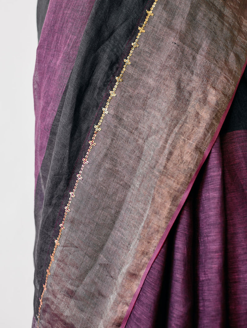 Afra Metallic Handloom Linen Saree-Metallic Charcoal linen saree by Manan in black for women in Singapore