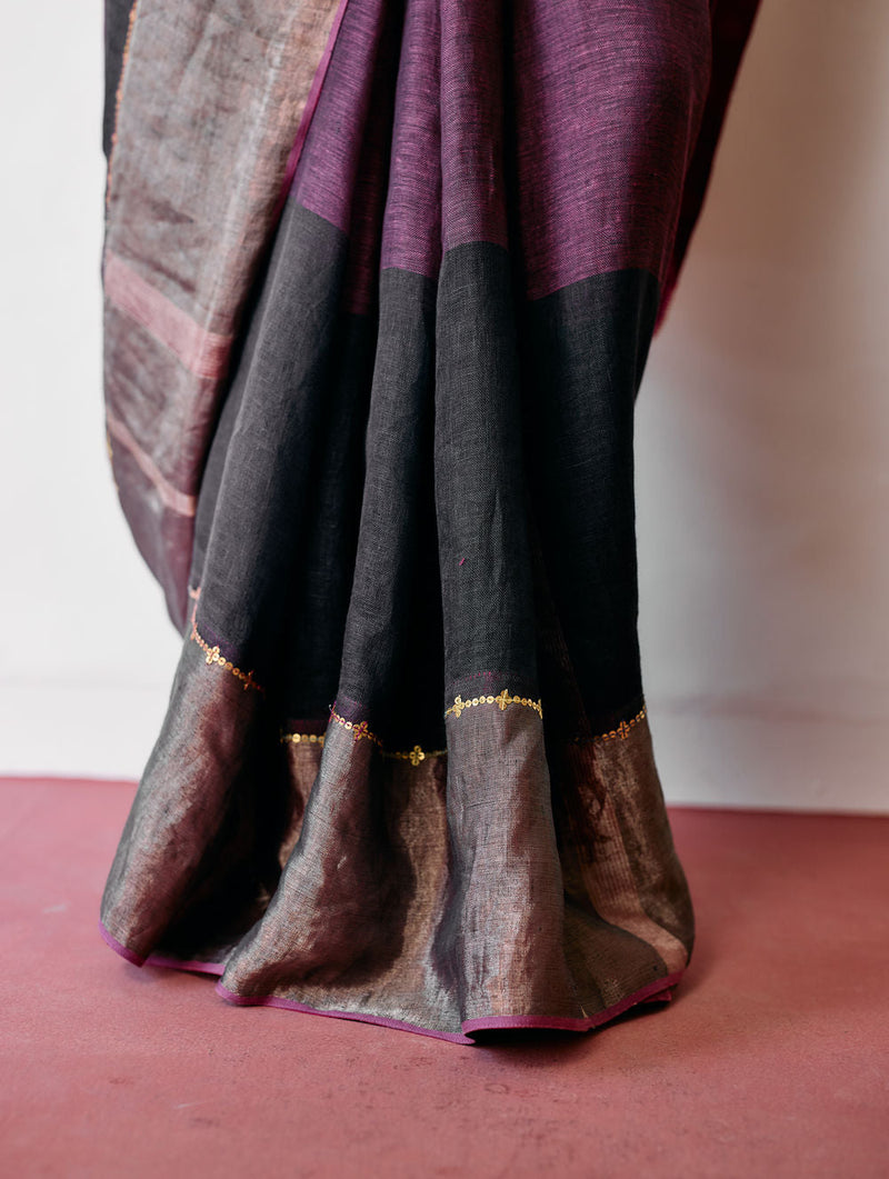 Afra Metallic Handloom Linen Saree-Metallic Charcoal linen saree by Manan in black for women in Singapore