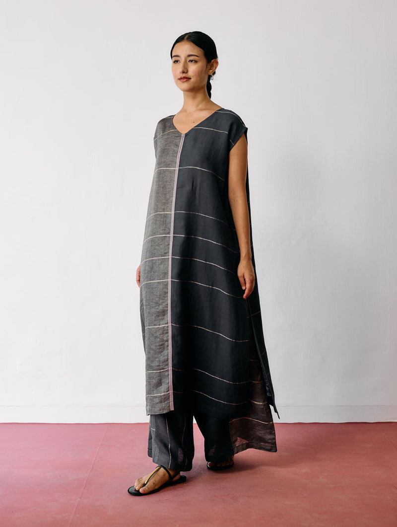 Rira Metallic Linen Long Co-ord-Charcoal linen co-ord set by Manan in black for women in Singapore