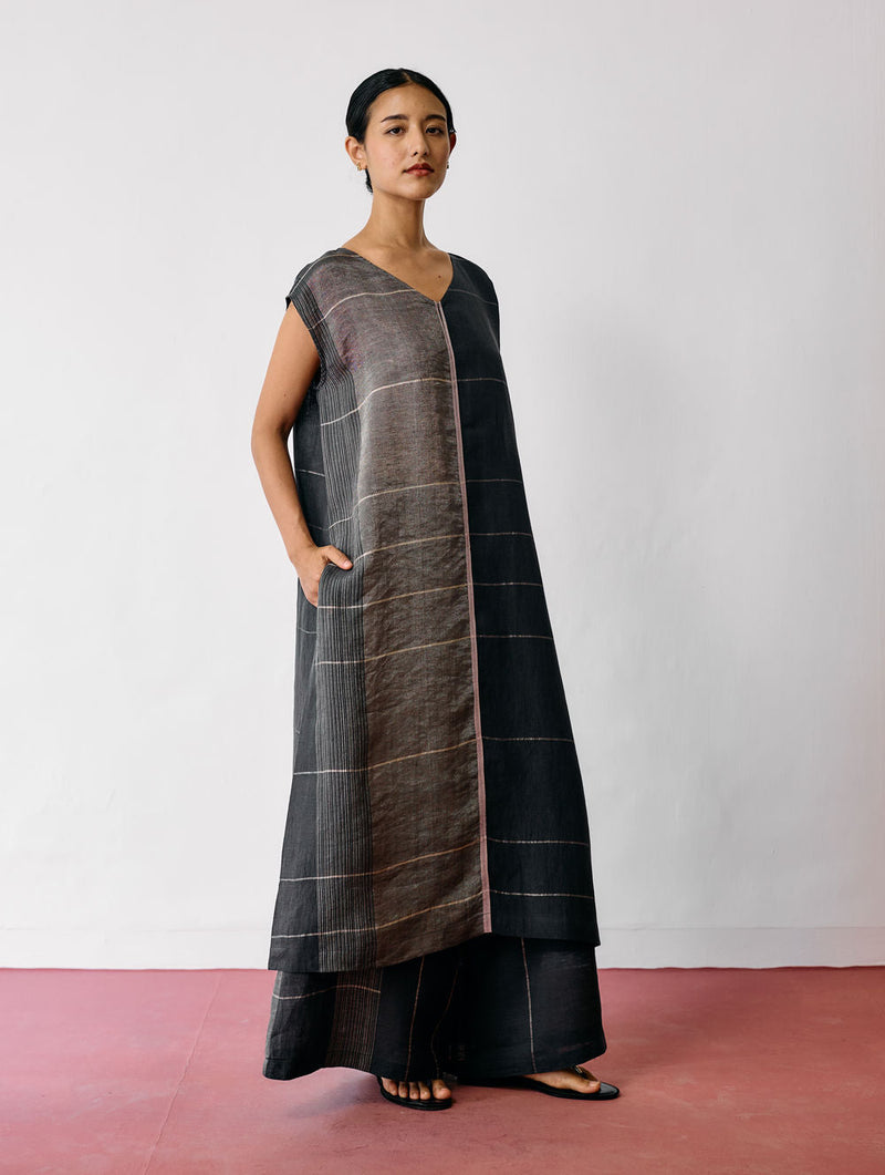 Rira Metallic Linen Long Co-ord-Charcoal linen co-ord set by Manan in black for women in Singapore