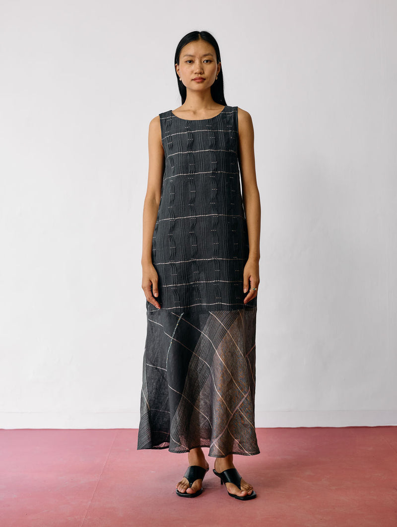 Dana Pintuck & Pleat Sleeveless Co-ord-Charcoal linen co-ord set by Manan in black for women in Singapore
