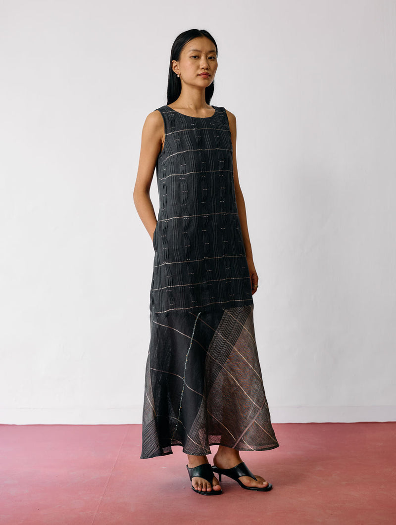 Dana Pintuck & Pleat Sleeveless Dress-Charcoal linen dress by Manan in black for women in Singapore