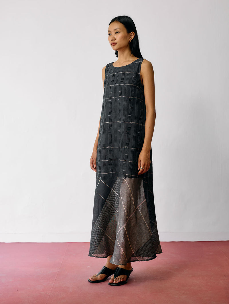 Dana Pintuck & Pleat Sleeveless Co-ord-Charcoal linen co-ord set by Manan in black for women in Singapore