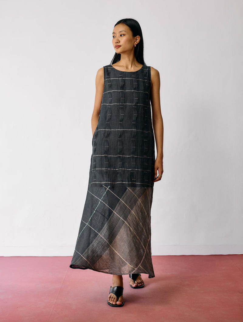 Dana Pintuck & Pleat Sleeveless Co-ord-Charcoal linen co-ord set by Manan in black for women in Singapore