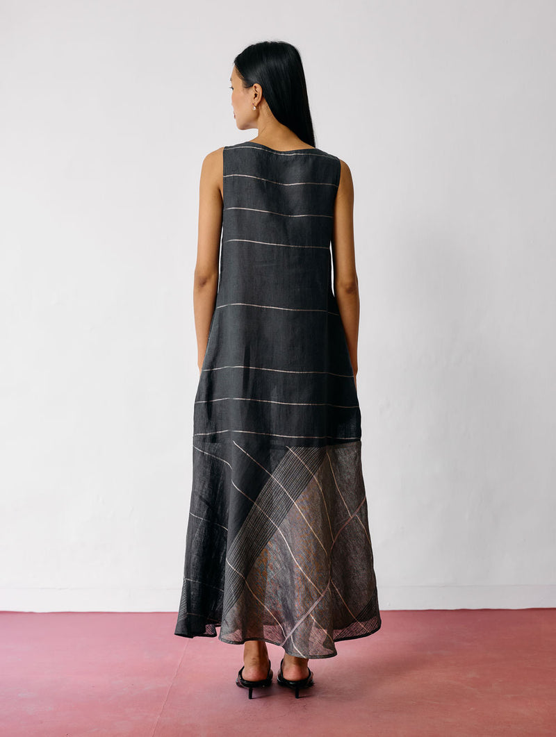 Dana Pintuck & Pleat Sleeveless Co-ord-Charcoal linen co-ord set by Manan in black for women in Singapore