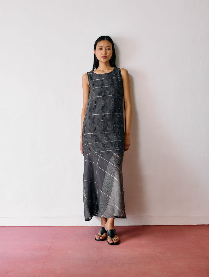 Dana Pintuck & Pleat Sleeveless Dress-Charcoal linen dress by Manan in black for women in Singapore