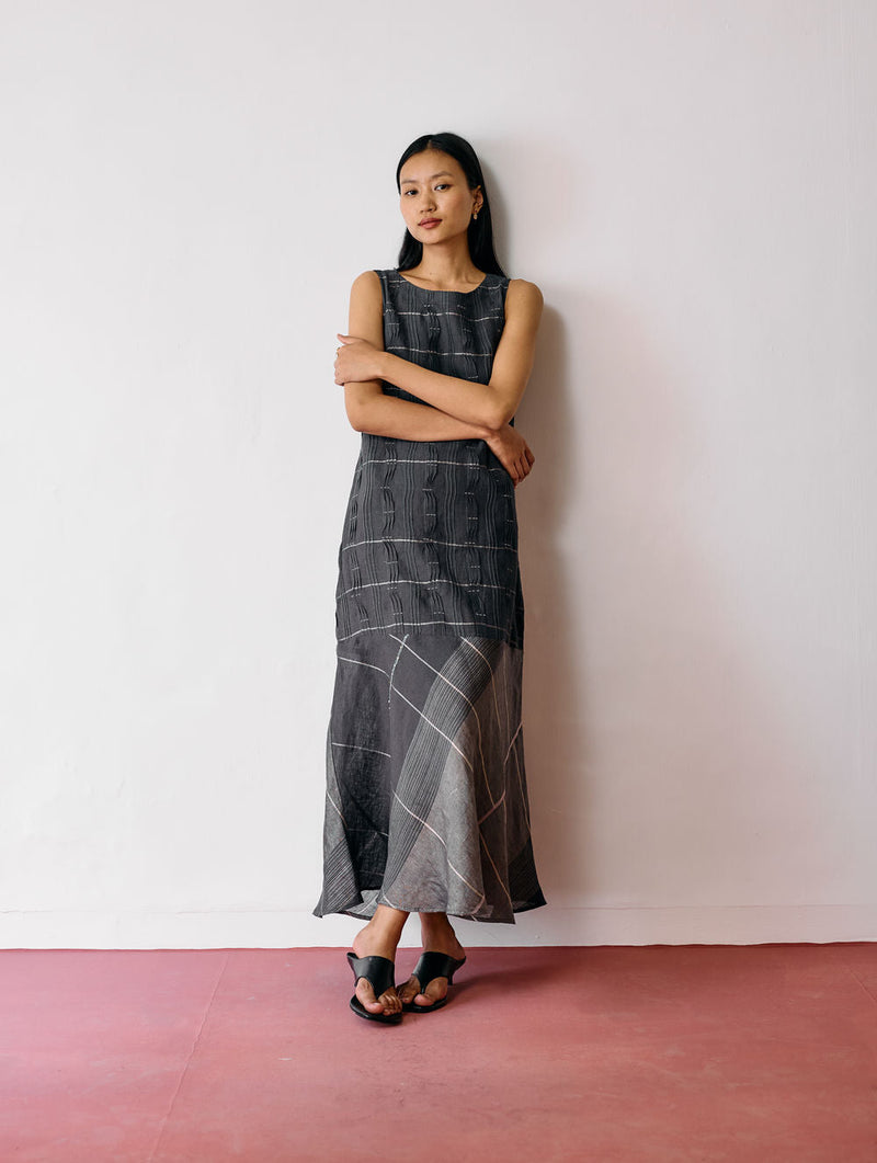 Dana Pintuck & Pleat Sleeveless Dress-Charcoal linen dress by Manan in black for women in Singapore