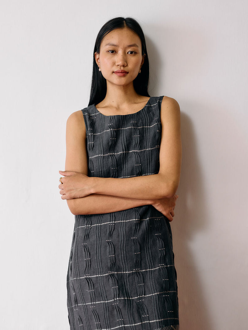 Dana Pintuck & Pleat Sleeveless Co-ord-Charcoal linen co-ord set by Manan in black for women in Singapore