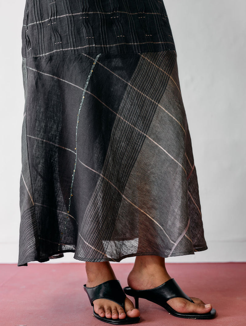 Dana Pintuck & Pleat Sleeveless Dress-Charcoal linen dress by Manan in black for women in Singapore