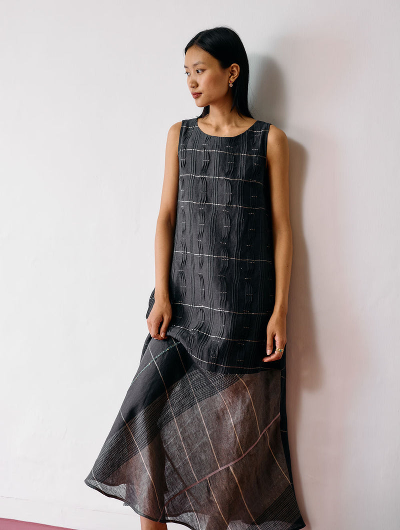 Dana Pintuck & Pleat Sleeveless Dress-Charcoal linen dress by Manan in black for women in Singapore