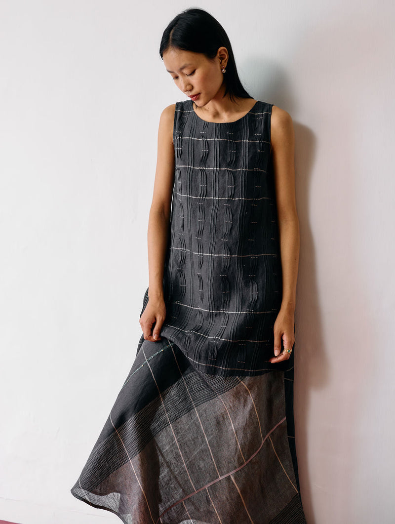 Dana Pintuck & Pleat Sleeveless Dress-Charcoal linen dress by Manan in black for women in Singapore