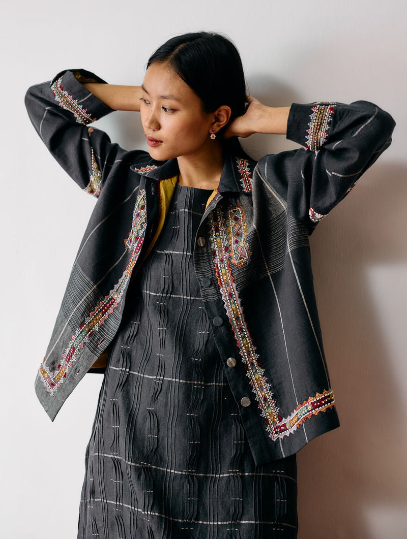 Dana Pintuck & Pleat Sleeveless Co-ord-Charcoal linen co-ord set by Manan in black for women in Singapore