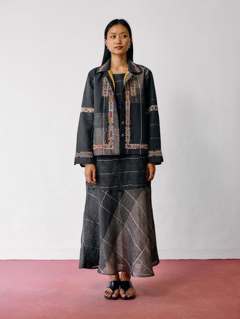 Dana Pintuck & Pleat Sleeveless Co-ord-Charcoal linen co-ord set by Manan in black for women in Singapore