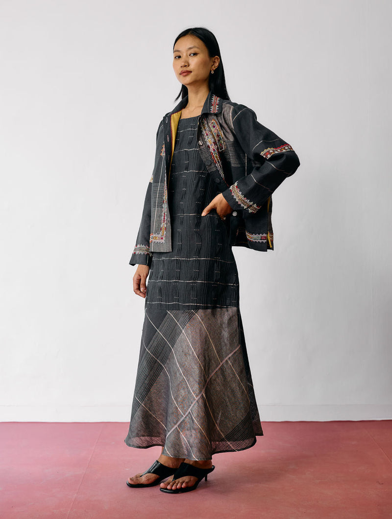 Dana Pintuck & Pleat Sleeveless Co-ord-Charcoal linen co-ord set by Manan in black for women in Singapore