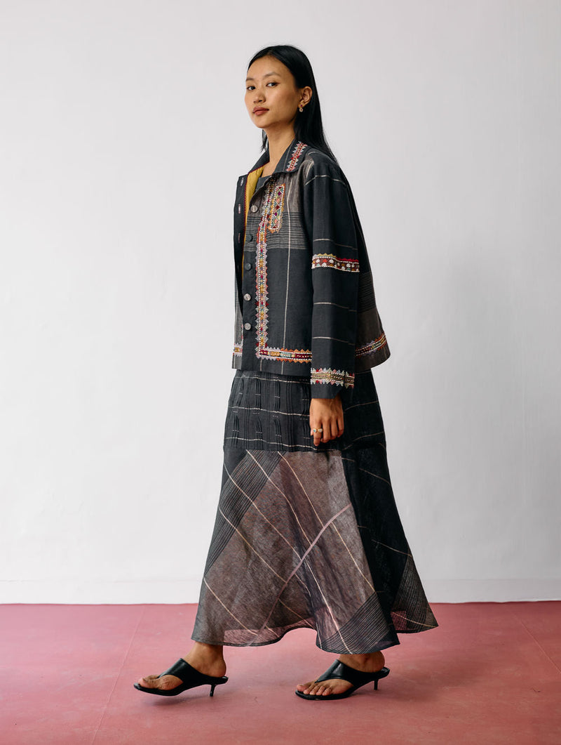 Dana Pintuck & Pleat Sleeveless Co-ord-Charcoal linen co-ord set by Manan in black for women in Singapore