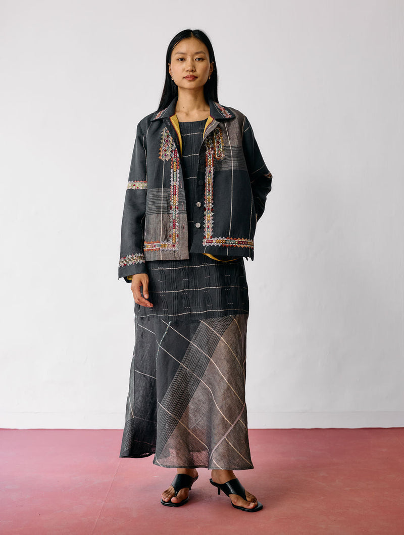Dana Pintuck & Pleat Sleeveless Co-ord-Charcoal linen co-ord set by Manan in black for women in Singapore