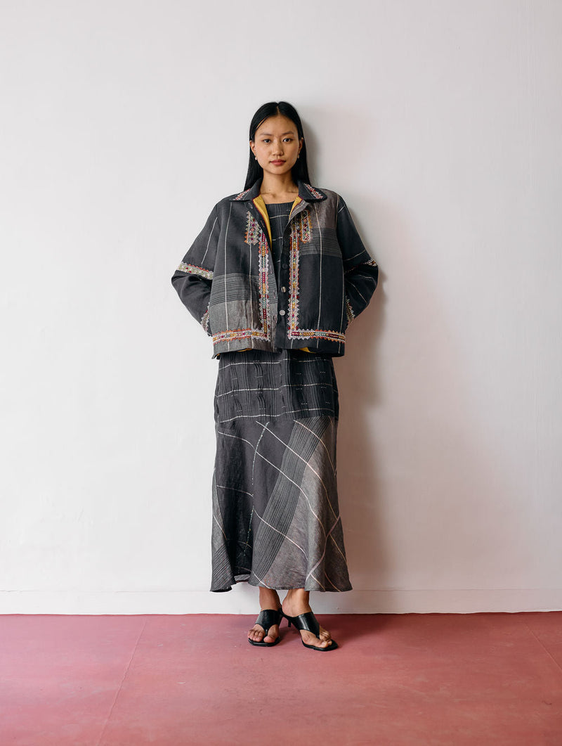 Dana Pintuck & Pleat Sleeveless Co-ord-Charcoal linen co-ord set by Manan in black for women in Singapore